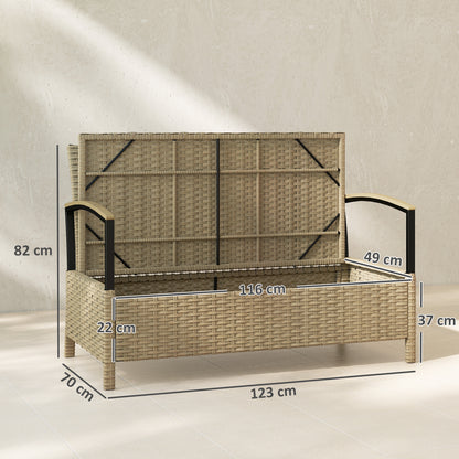 125L Garden Storage Bench, 2 Seater PE Rattan Outdoor Bench Storage Box with Padded Cushion, Khaki