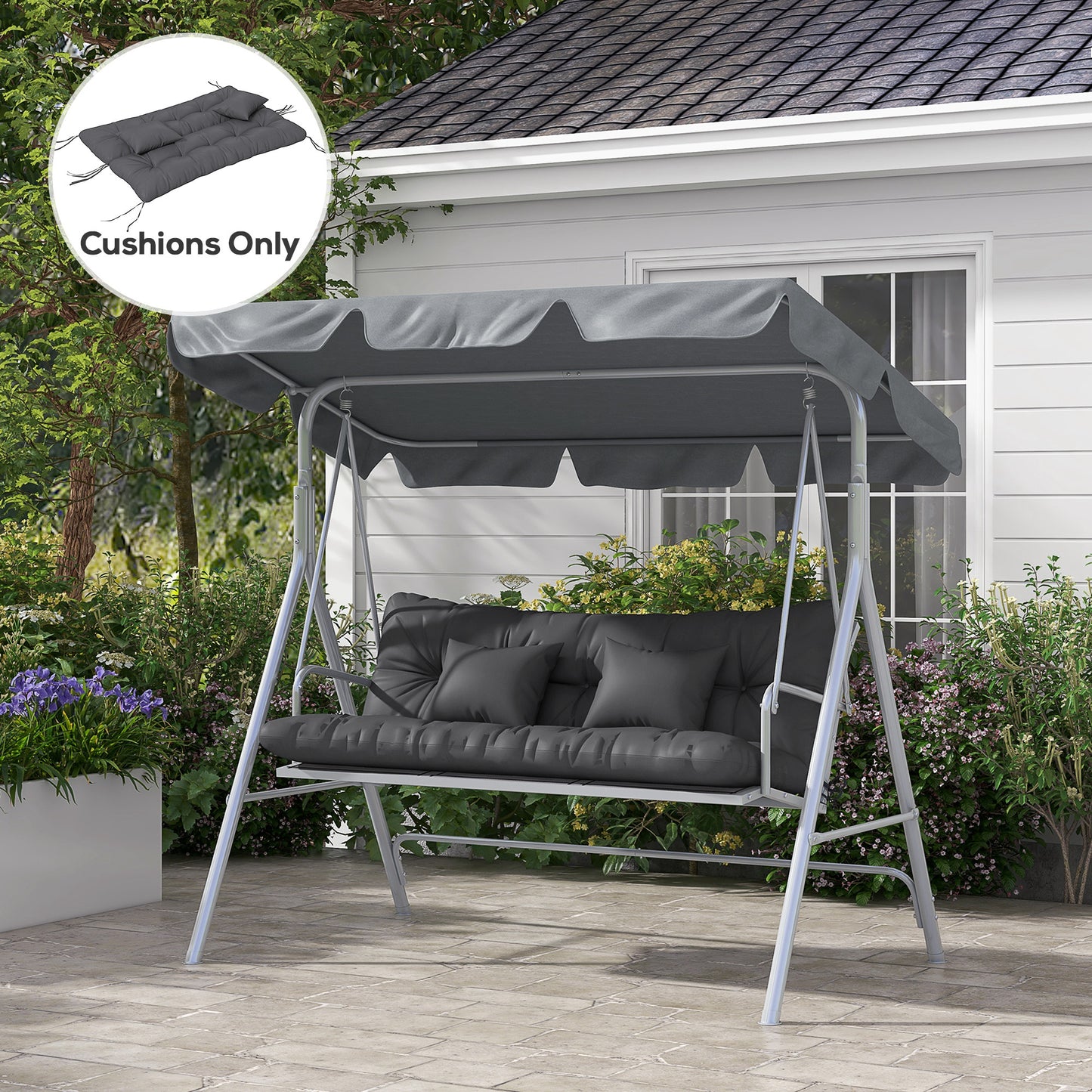 Back and Seat Cushion Replacement with 2 Pillows, Patio Chair Cushions Set with Ties, Charcoal Grey