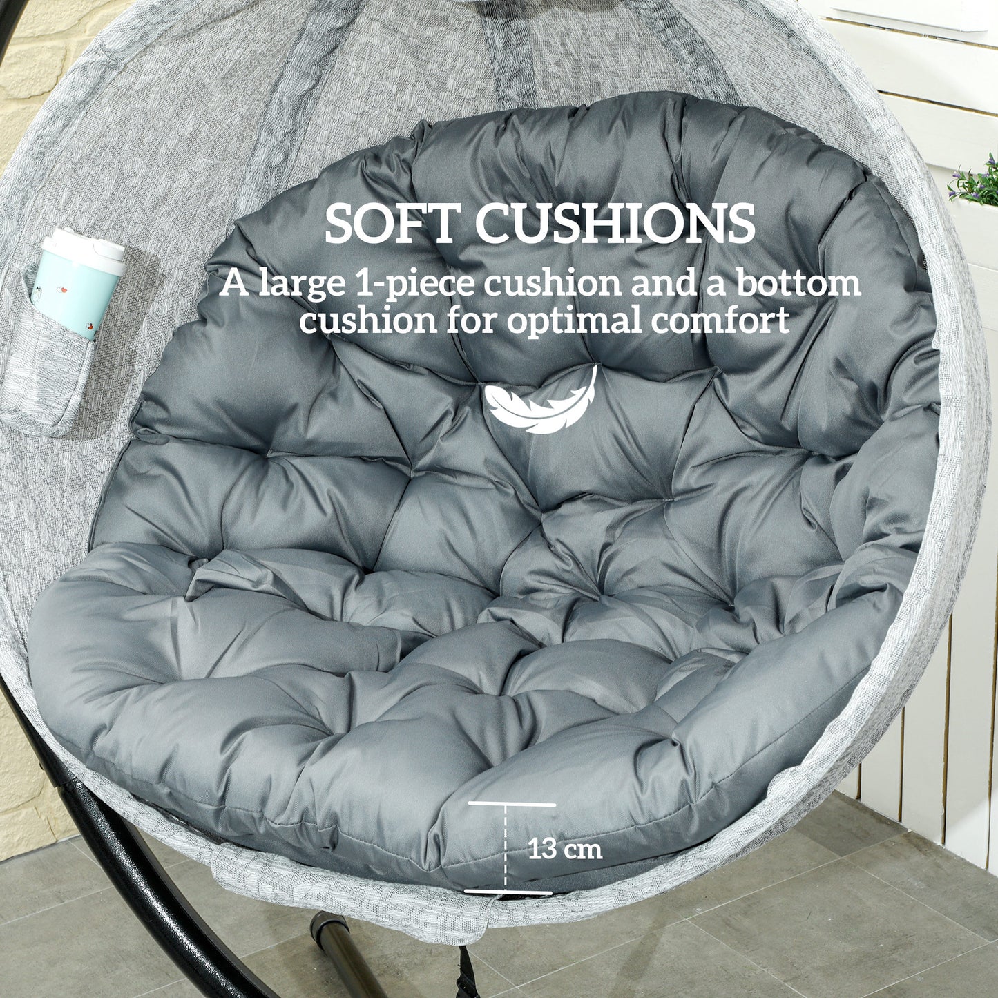 Hanging Egg Chair Outdoor Indoor Garden Swing Chair with Folding Basket, Thickened Cushion, Cup Holder for Patio, Balcony