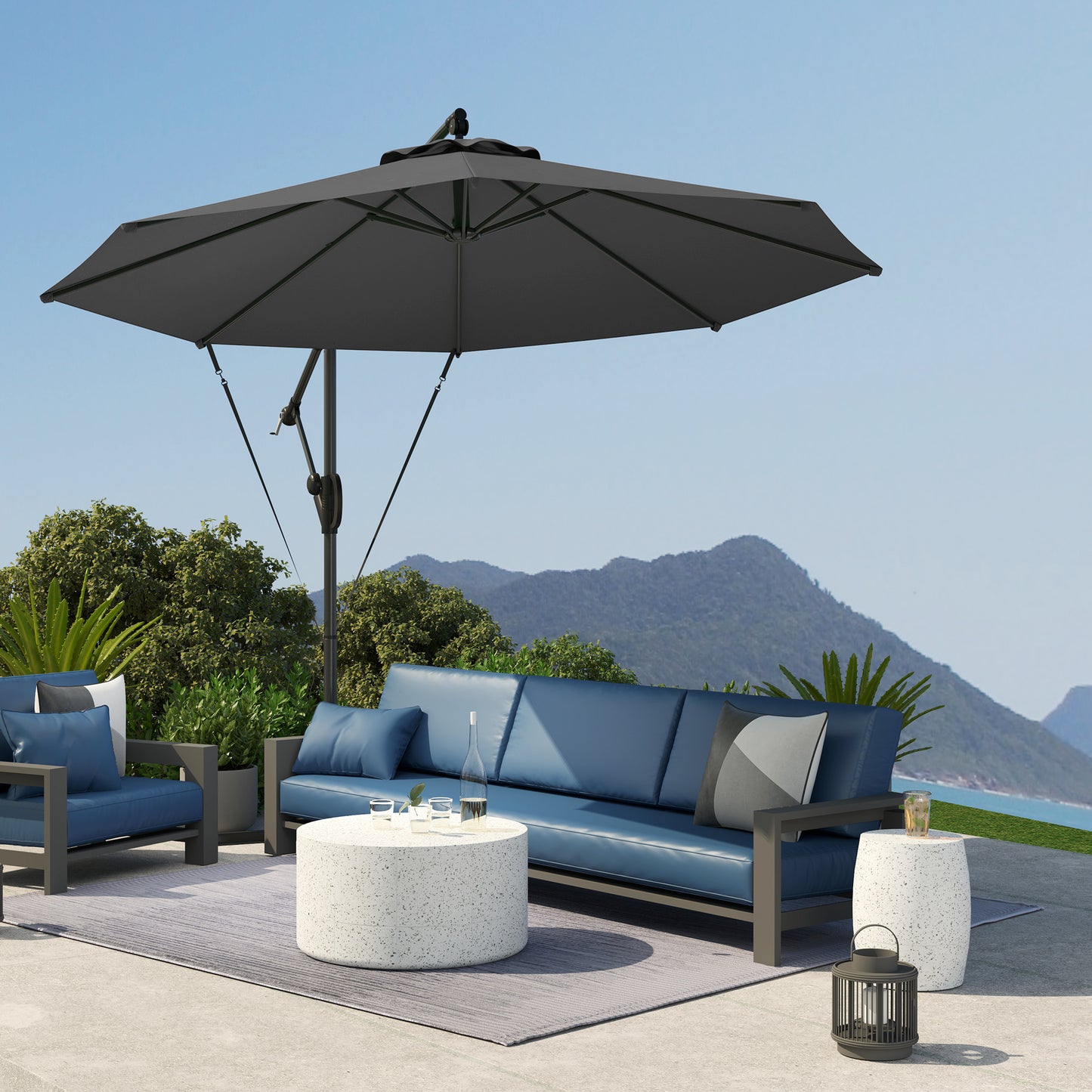3(m) Garden Cantilever Parasol with Cover and Wind Protection Strap, Round Overhanging Umbrella with Crank Handle and Tilt