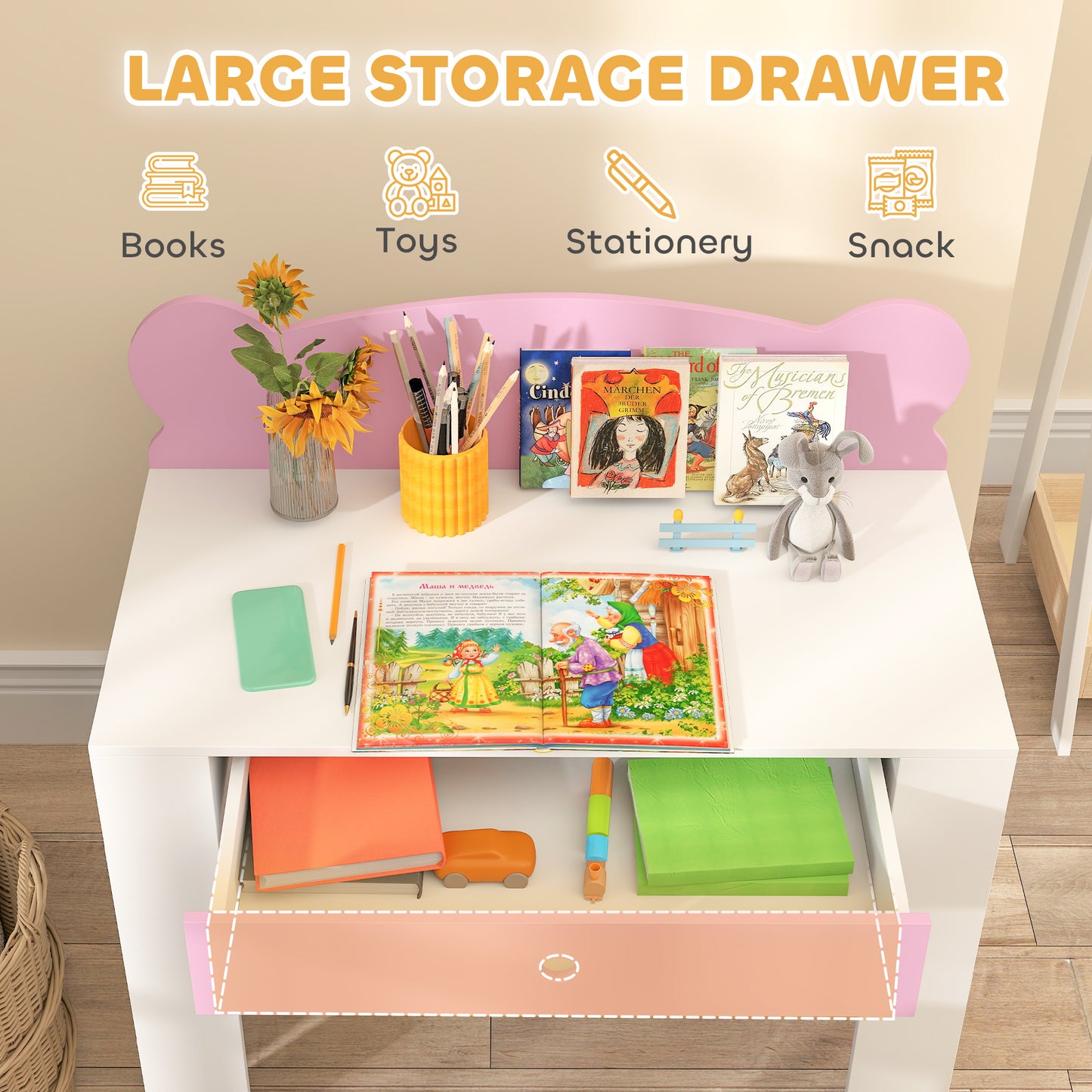 Kids Desk and Chair Set with Drawer for Drawing, Reading, Bear Theme Children Furniture for Bedroom, Daycare, Pink