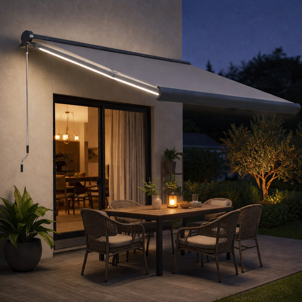 3.5 x 3m LED Light Full Cassette Case Electric Awning for Home Sun Shade with 40m Remote Controller, Grey