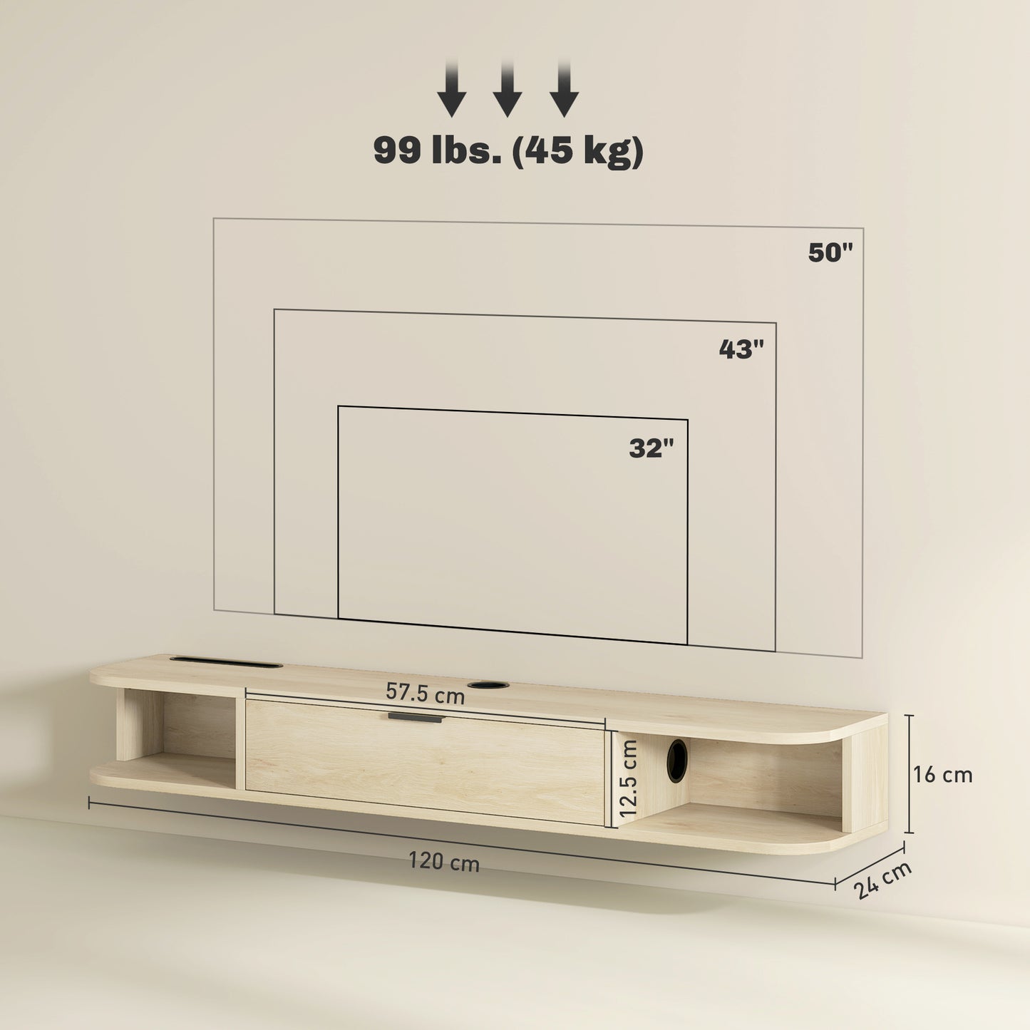 120 cm Floating TV Unit for TVs up to 50 Inch - Natural