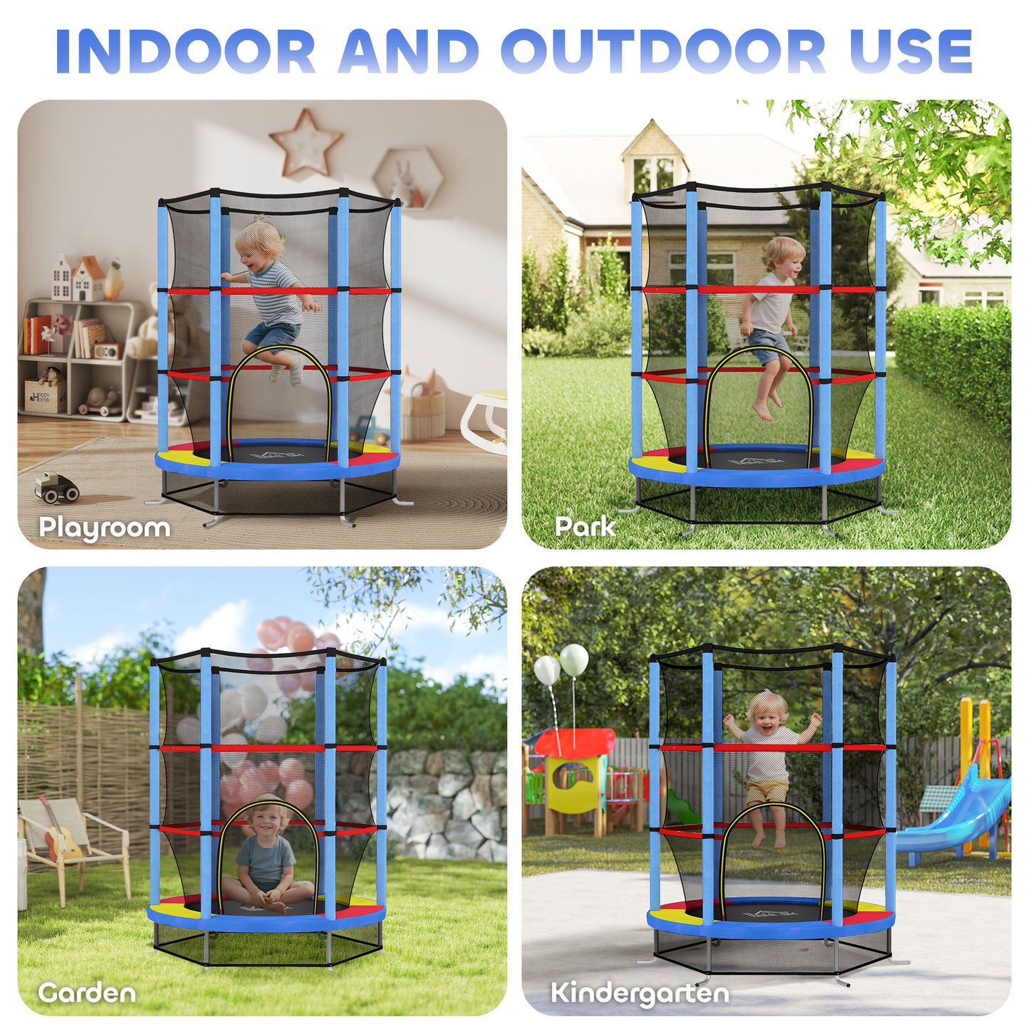Kids Trampoline, with Enclosure Net, Steel Frame, for Ages 3-6 Years - MultiColoured