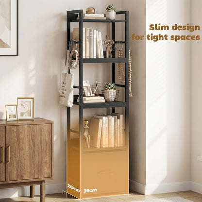 4-Tier Bookshelf, Narrow Bookcase with Drawer, 8 Hooks, Metal Frame, Black