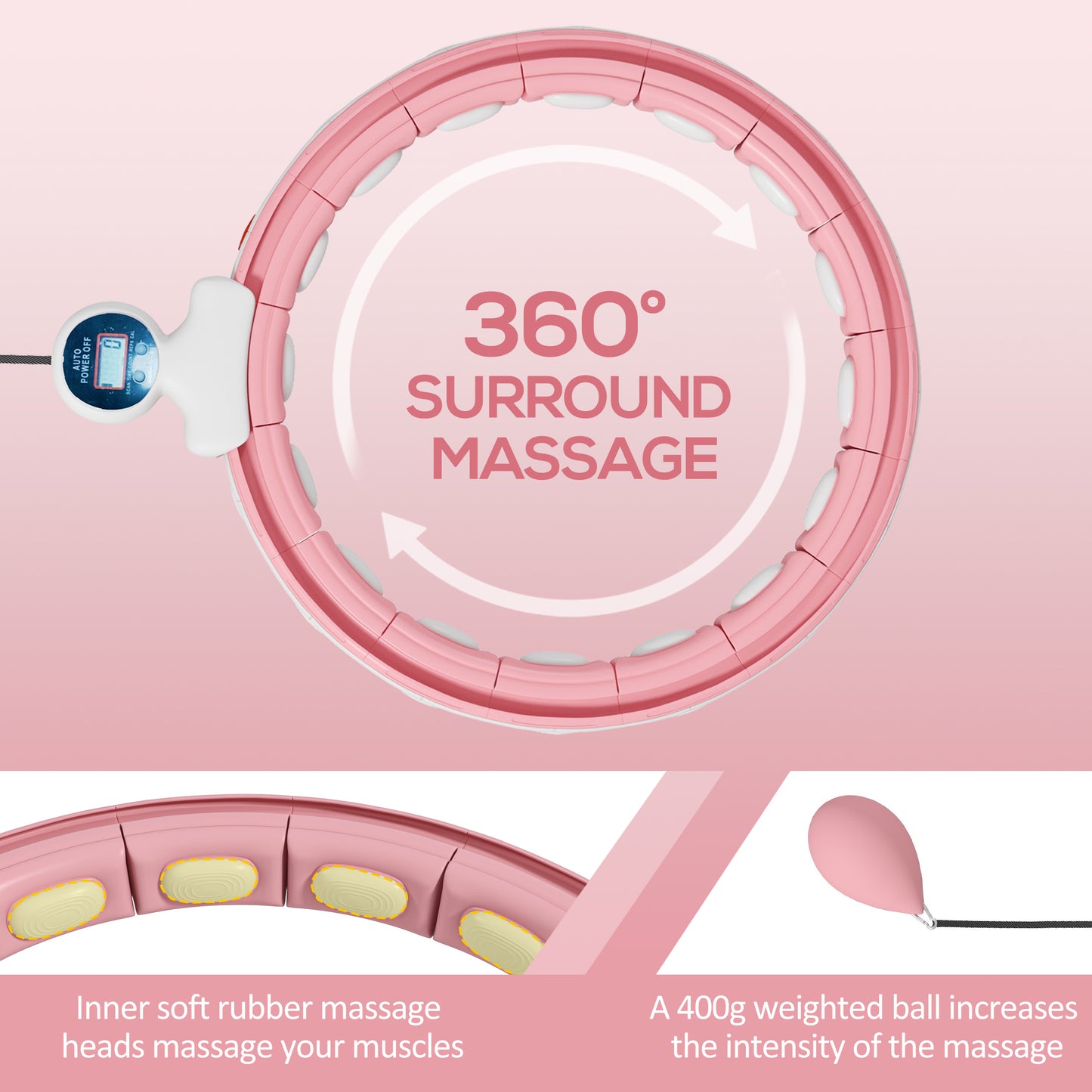 Smart Weighted Hula Hoop, Massage Hula Ring w/ 16 Detachable Knots, 360° Auto-Rotating Ball, Digital Counter, Pink