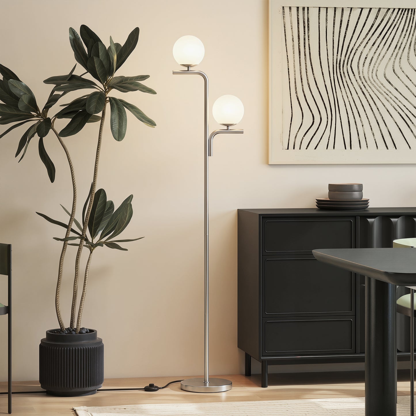 LED Floor Lamp, Modern Standing Lamp with 3 Colour Temperatures, Globe Glass Shades and Foot Switch, Silver Tone