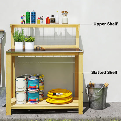 Wooden Potting Bench Table with Aluminium Worktop, Outdoor Garden Workbench with 2 Shelves
