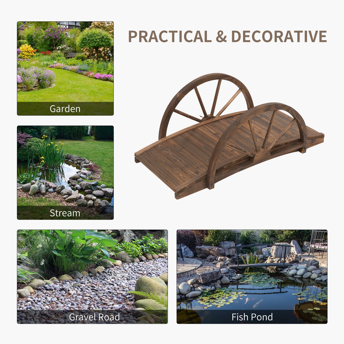 Wooden Garden Bridge Lawn Décor Stained Finish Arc Outdoor Pond WalkwayYard Decoration Half Wheeled Railings 100L x 50W x 37H