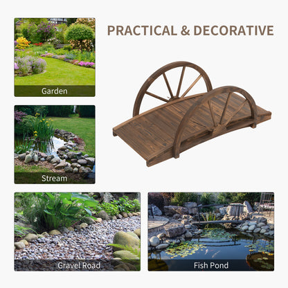 Wooden Garden Bridge Lawn Décor Stained Finish Arc Outdoor Pond WalkwayYard Decoration Half Wheeled Railings 100L x 50W x 37H