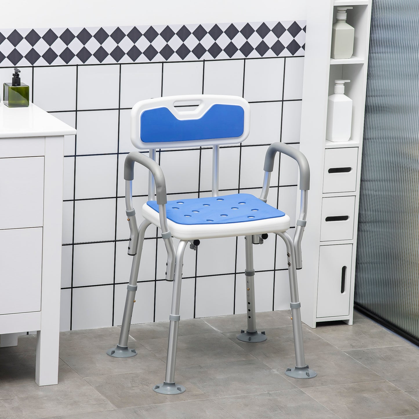 EVA Padded Shower Chair for the Elderly and Disabled, Height Adjustable Shower Stool with Back and Arms, 4 Suction Foot Pads