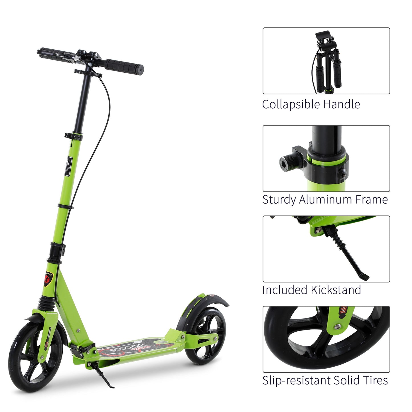Kick Scooter, Folding 2 Wheel Scooter with Dual Brake System, Dual Suspension, 230mm Big Wheels and 3 Adjustable Handlebar