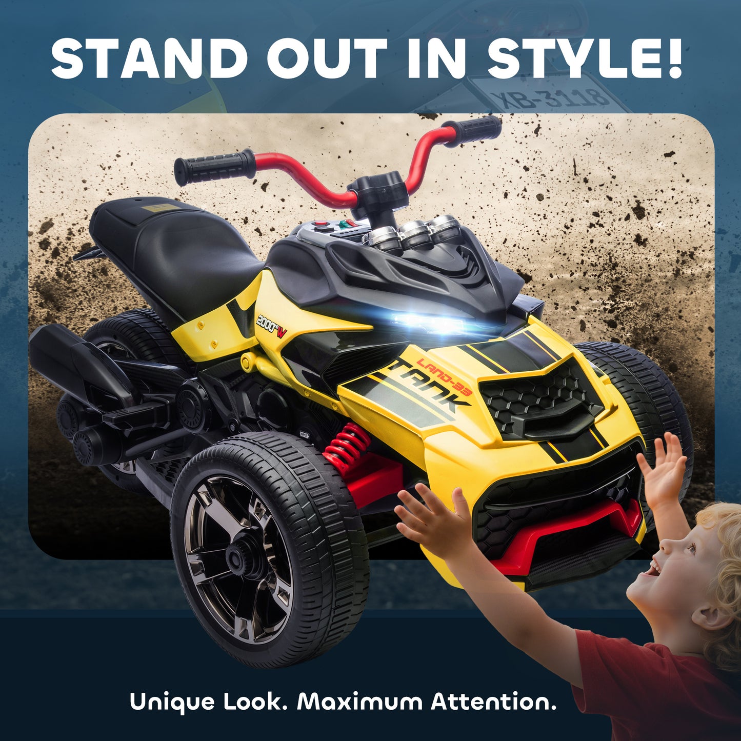12V Kids Electric Ride On Car with 3 Wheeler, MP3 Player, Horn, 2 Speeds, LED Lights for Boys & Girls Ages 3-8, Yellow