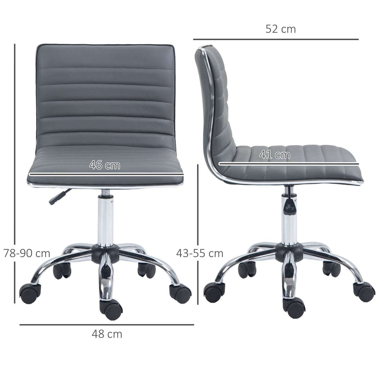 Armless Task Desk Chair, Swivel Office Chair with Faux Leather, Adjustable Seat Height, Chrome Base, Wheels for Home
