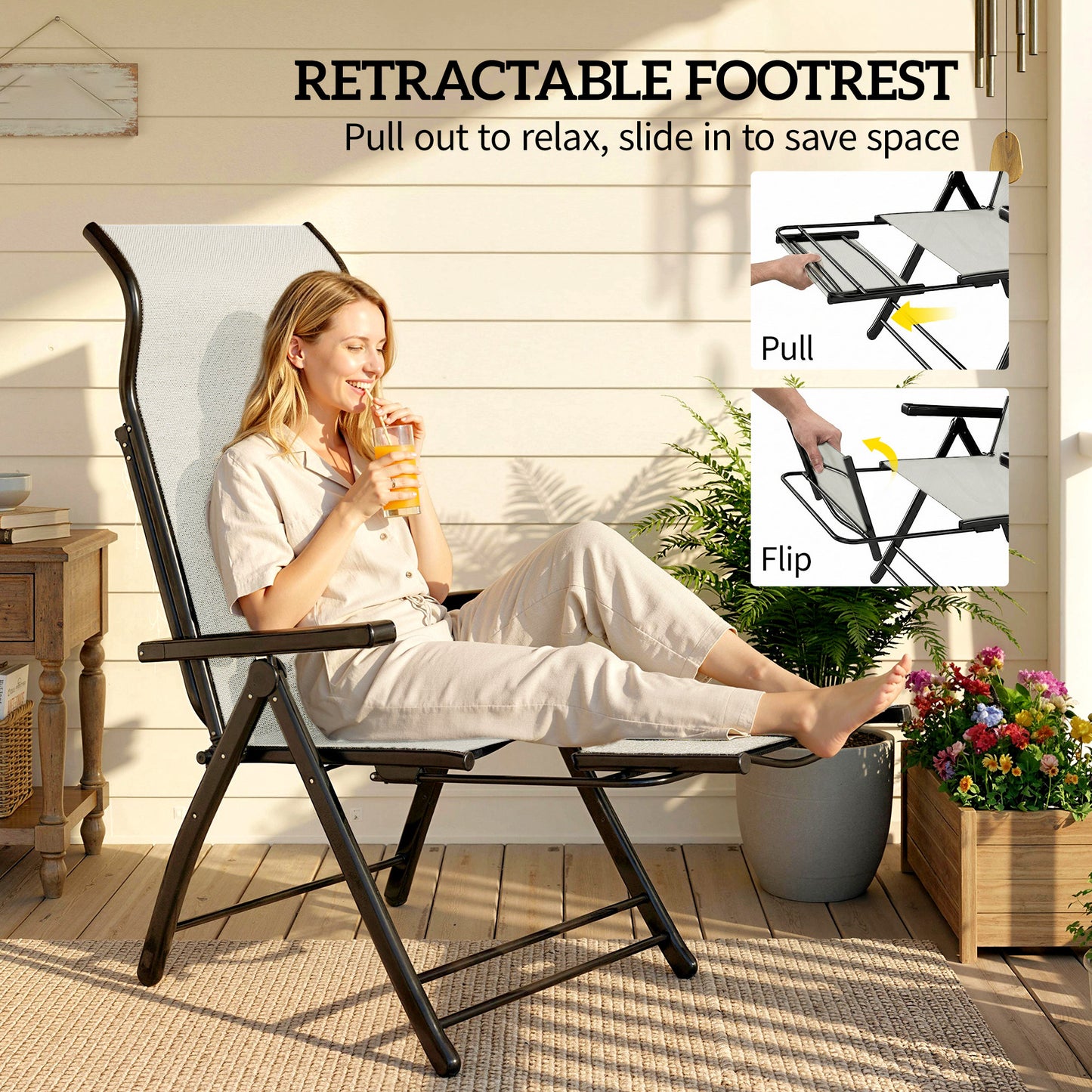 Reclining Garden Chairs Set of 2, 5-Position Folding Sun Loungers with High Back, Retractable Footrest, Light Grey