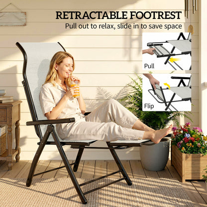 Reclining Garden Chairs Set of 2, 5-Position Folding Sun Loungers with High Back, Retractable Footrest, Light Grey