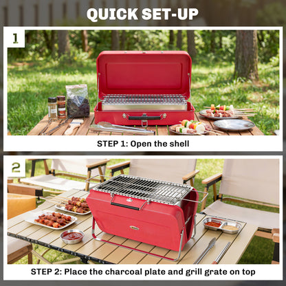 Portable Mini Charcoal Barbecue Grill with Suitcase Shell, Outdoor Folding Tabletop BBQ Grill, Red