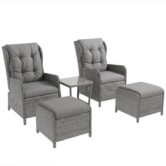 5 Pieces Rattan Bistro Set with Adjustable Back, Reclining Wicker Balcony Furniture with Cushions