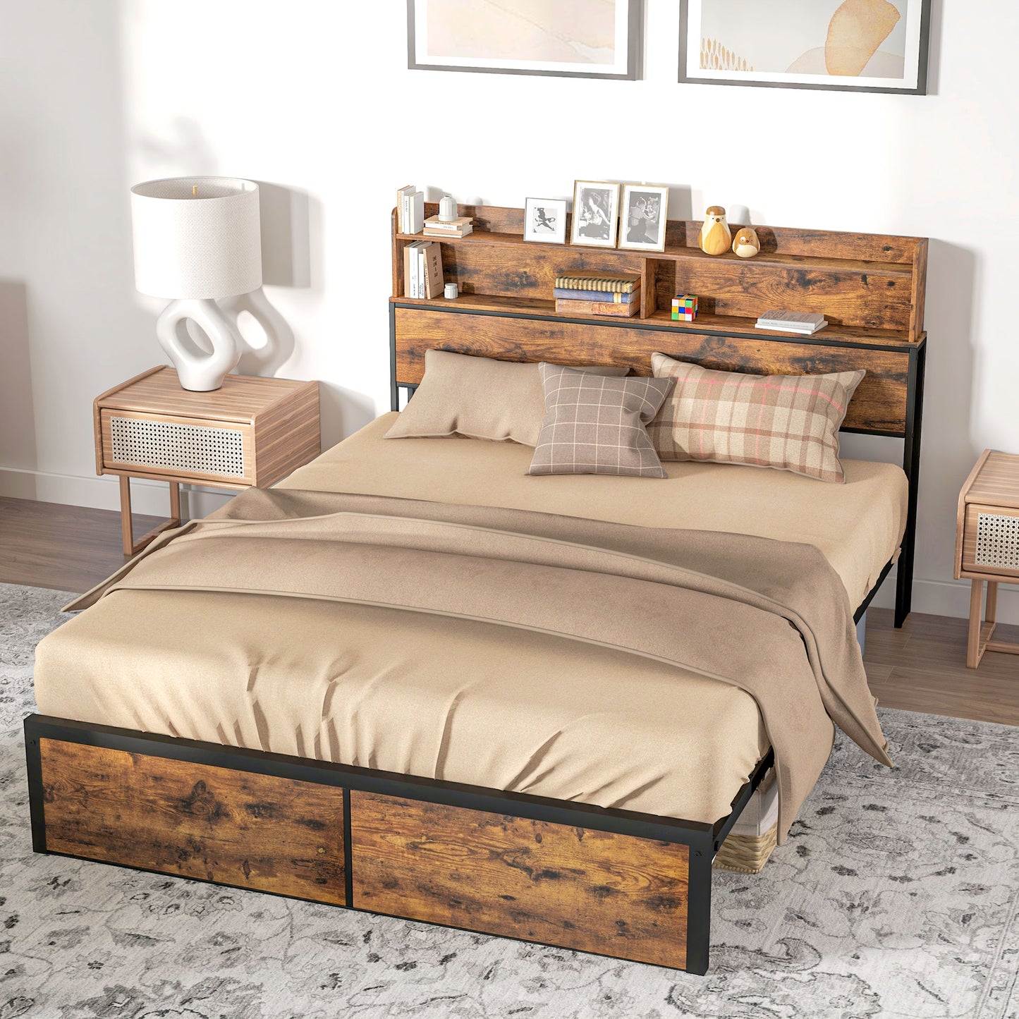 Industrial King Bed Frame, 5.2FT Steel Bed Base with Storage Headboard, Footboard, Slatted Support and Under Bed Storage