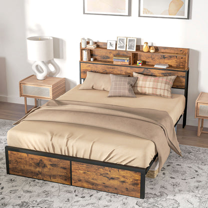 Industrial King Bed Frame, 5.2FT Steel Bed Base with Storage Headboard, Footboard, Slatted Support and Under Bed Storage