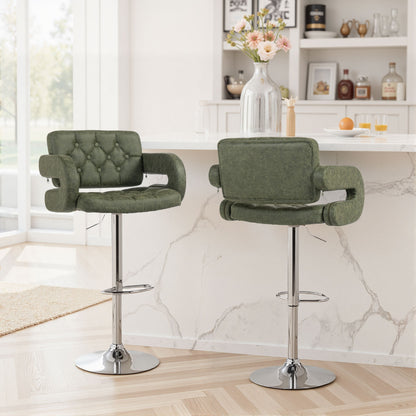 PU Leather Upholstered Swivel Bar Stool, Height Adjustable with Back, Armrest, Footrest, Green