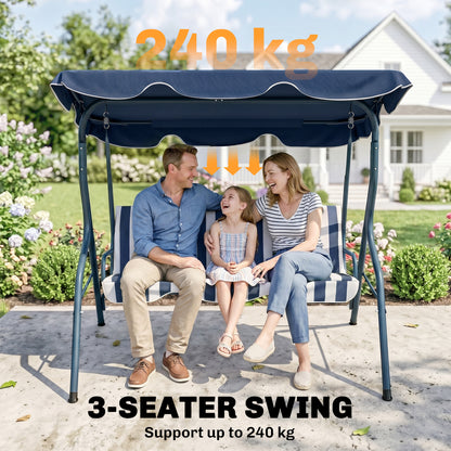 3 Seater Garden Swing Seat Chair Outdoor Bench with Adjustable Canopy and Metal Frame, Blue Stripes
