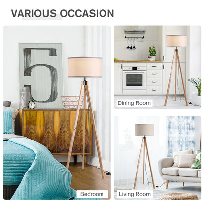 Floor Lamp with Elegant Wood Tripod, Free Standing E27 Bulb Lamp Versatile Use For Home Office - Beige