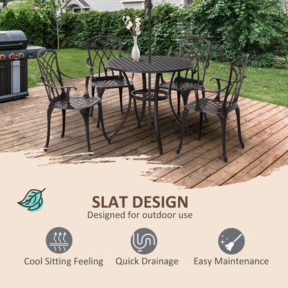 5 Pieces Garden Dining Set for 4, Cast Aluminium Outdoor Dining Set with 4 Armchairs and Round Dining Table with Parasol Hole