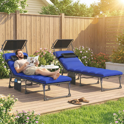 Folding Sun Loungers Set of 2 with Canopy, Reclining Sunbed with Cushion, Side Pocket, Carrying Handle, Dark Blue
