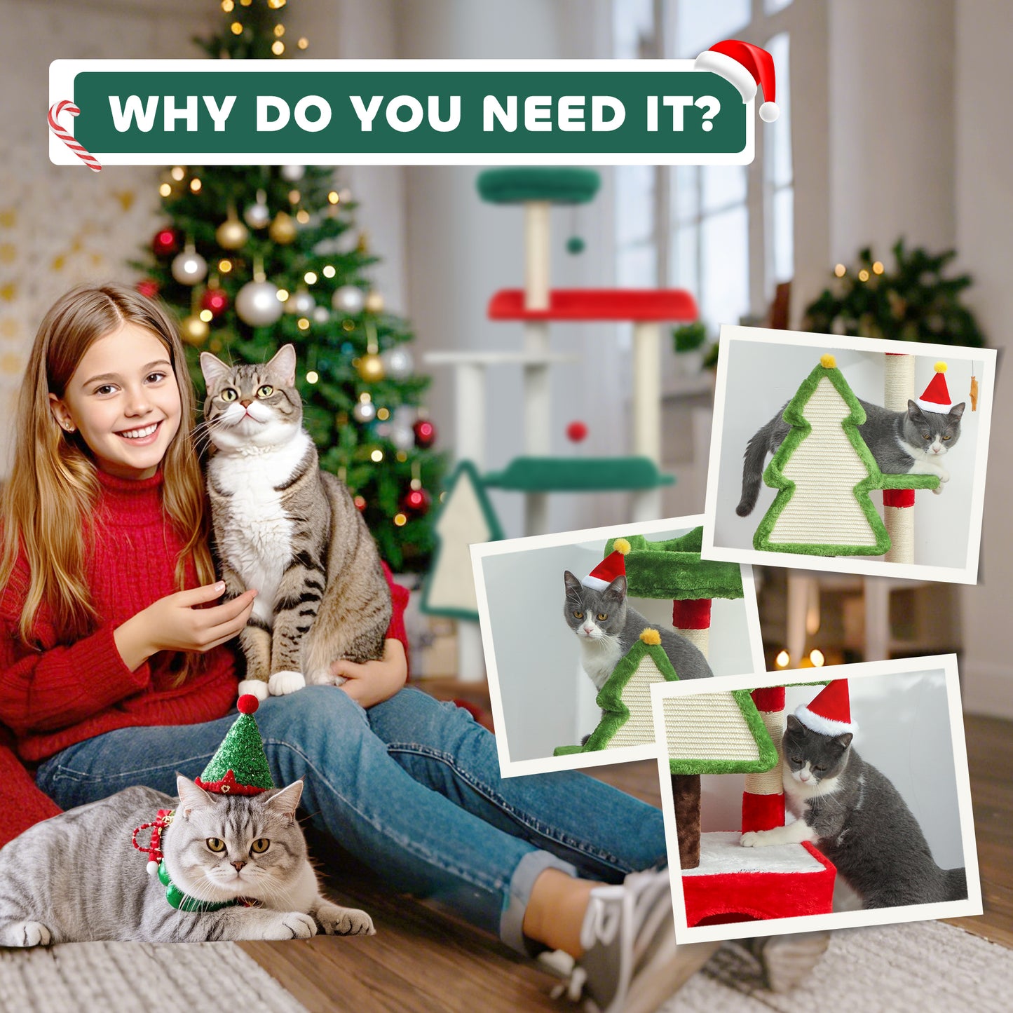 Christmas Cat Tree, 120cm Cat Tower with Scratching Post & Board, Platform, Toys, Green