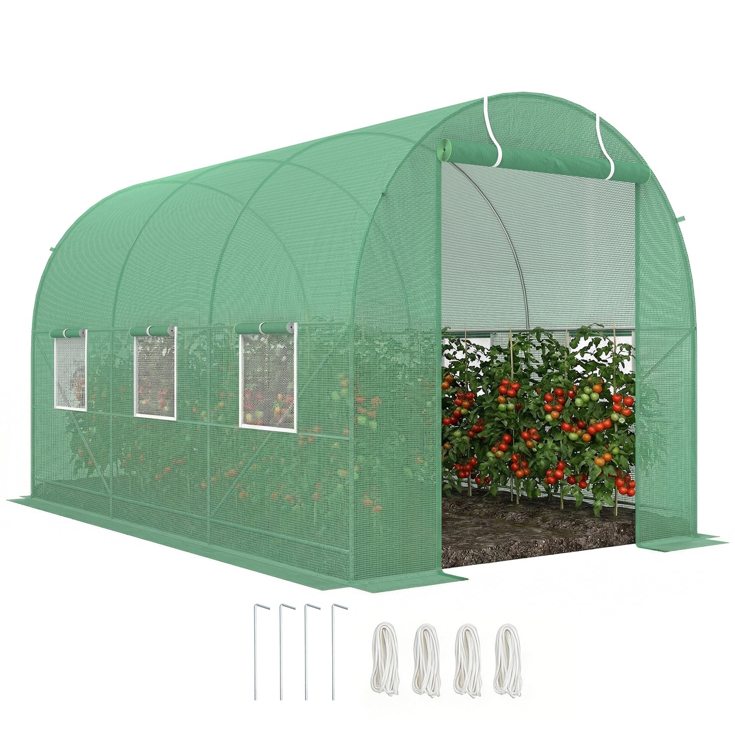 3.5 x 2m Walk-In Polytunnel Greenhouse, with Steel Frame, PE Cover, Roll-Up Door and 6 Windows, Green