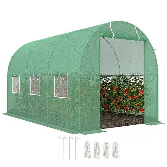 3.5 x 2m Walk-In Polytunnel Greenhouse, with Steel Frame, PE Cover, Roll-Up Door and 6 Windows, Green