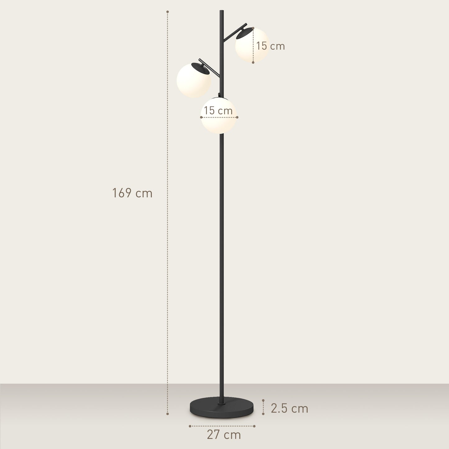 3-Light Tree Floor Lamps for Living Room, Modern Standing Lamp for Bedroom with Globe Lampshade, Steel Base