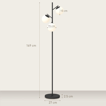 3-Light Tree Floor Lamps for Living Room, Modern Standing Lamp for Bedroom with Globe Lampshade, Steel Base