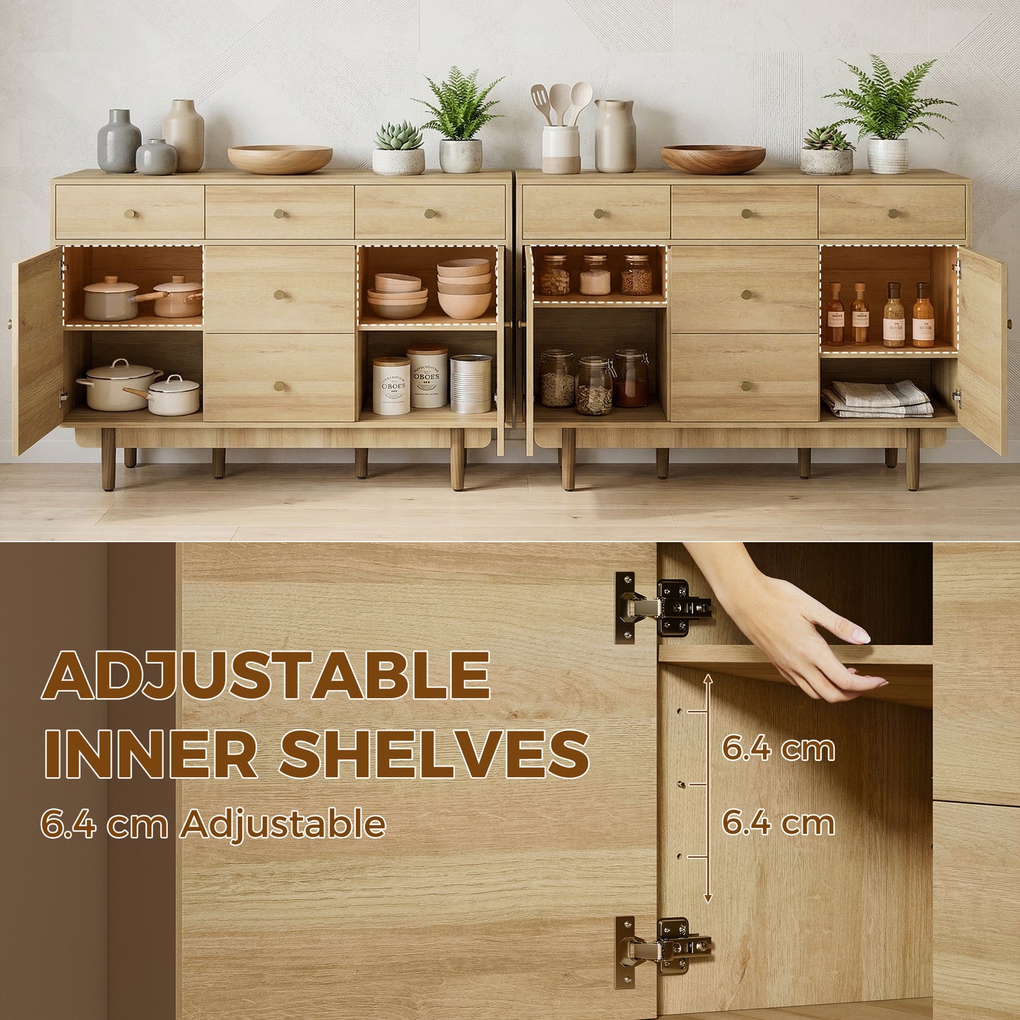 Sideboard with 5 Drawers and 2 Cabinets Buffet Cabinet with Solid Wood Legs 136 cm Walnut