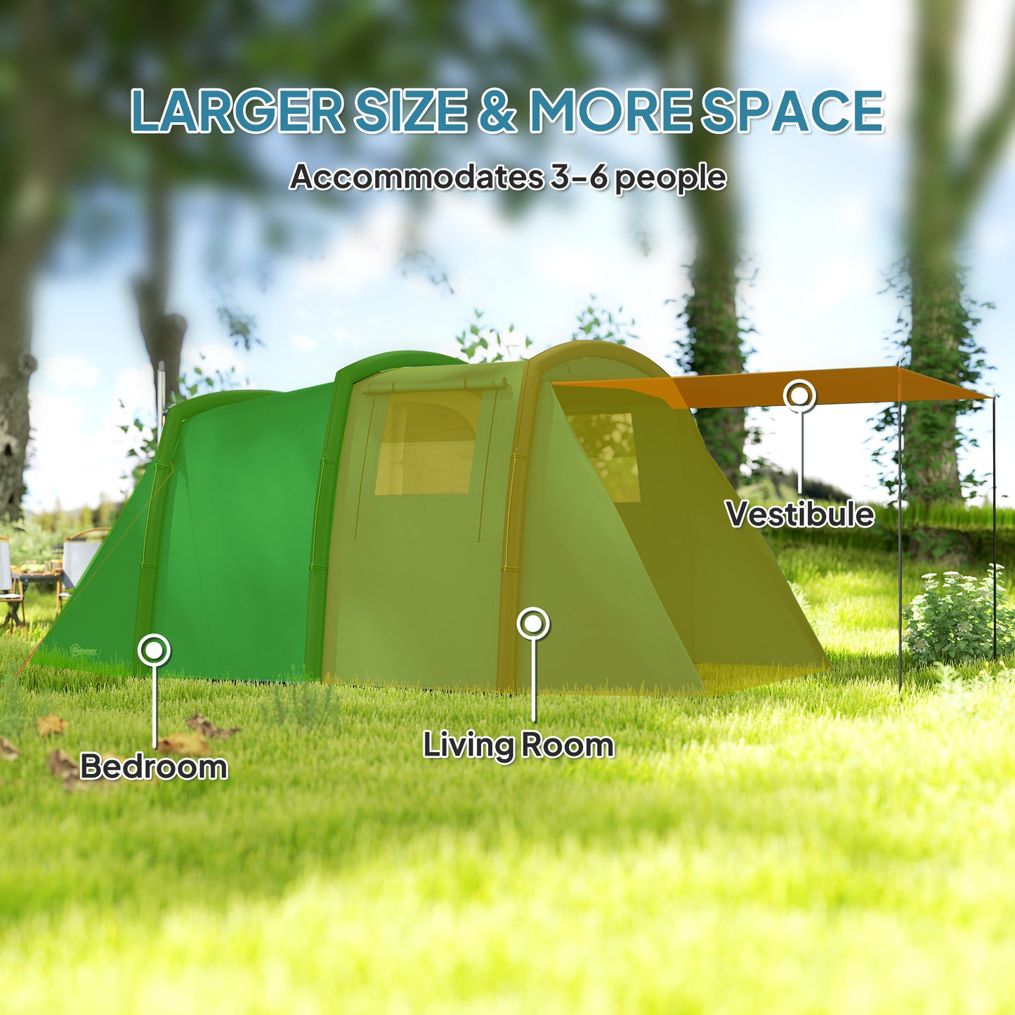 Inflatable 3-4 Man Tunnel Tent w/ Air Pump, Living Area & Vestibule, Waterproof Family Camping Air Tent, Sewn In Groundsheet