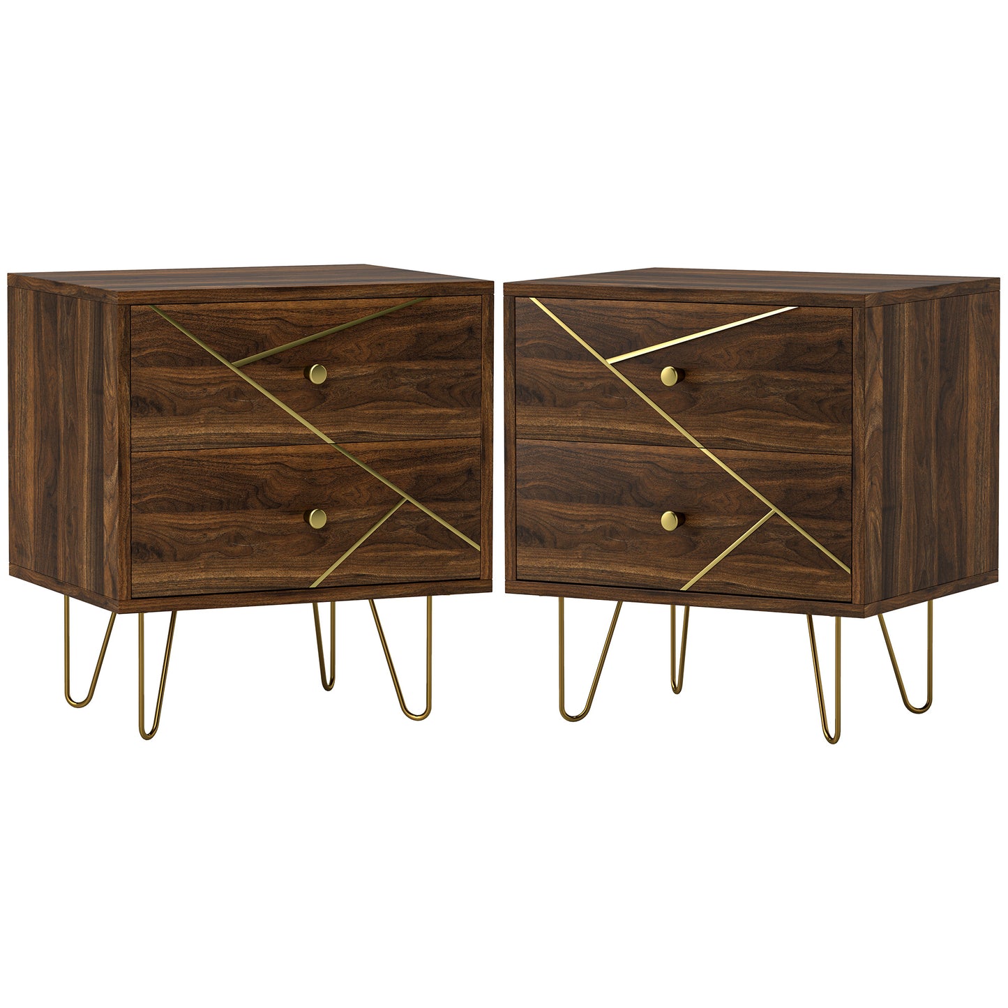 Bedside Tables Set of 2, Modern Side Table Set with 2 Drawers and Steel Hairpin Legs, Nightstand for Bedroom