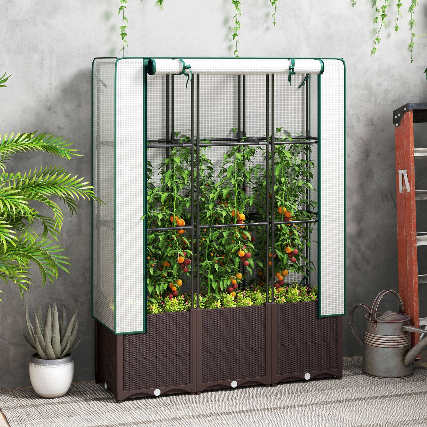 Raised Garden Bed with Trellis, Plastic Planter Box with PE Cover, Drainage Holes