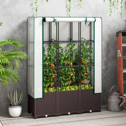 Raised Garden Bed with Trellis, Plastic Planter Box with PE Cover, Drainage Holes