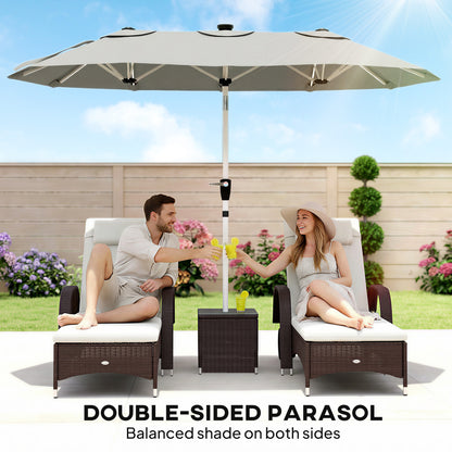 3 m Double-Sided Garden Parasol with LED Solar Lights, Tilt, Outdoor Extra Large Sun Umbrella with Crank Handle, Grey