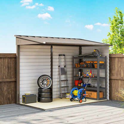 5 x 9ft Galvanised Metal Garden Shed with Foundation Kit, Outdoor Lean-to Shed, Tool Storage House for Garden, Brown