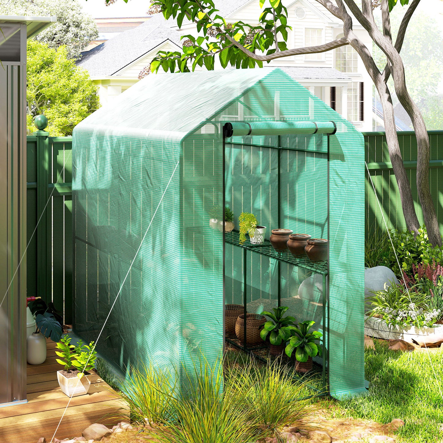 120 x 186cm Walk-In Greenhouse, with Shelves - Green
