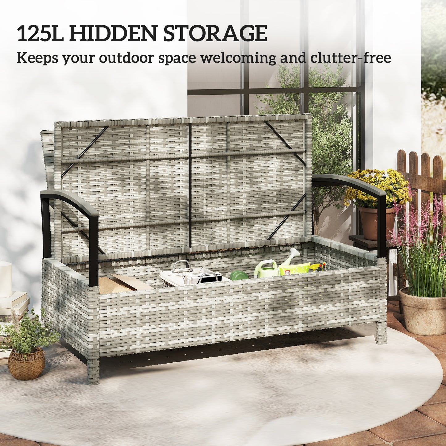 125L Garden Storage Bench, 2 Seater PE Rattan Outdoor Bench Storage Box with Padded Cushion, Dark Grey