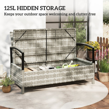 125L Garden Storage Bench, 2 Seater PE Rattan Outdoor Bench Storage Box with Padded Cushion, Dark Grey