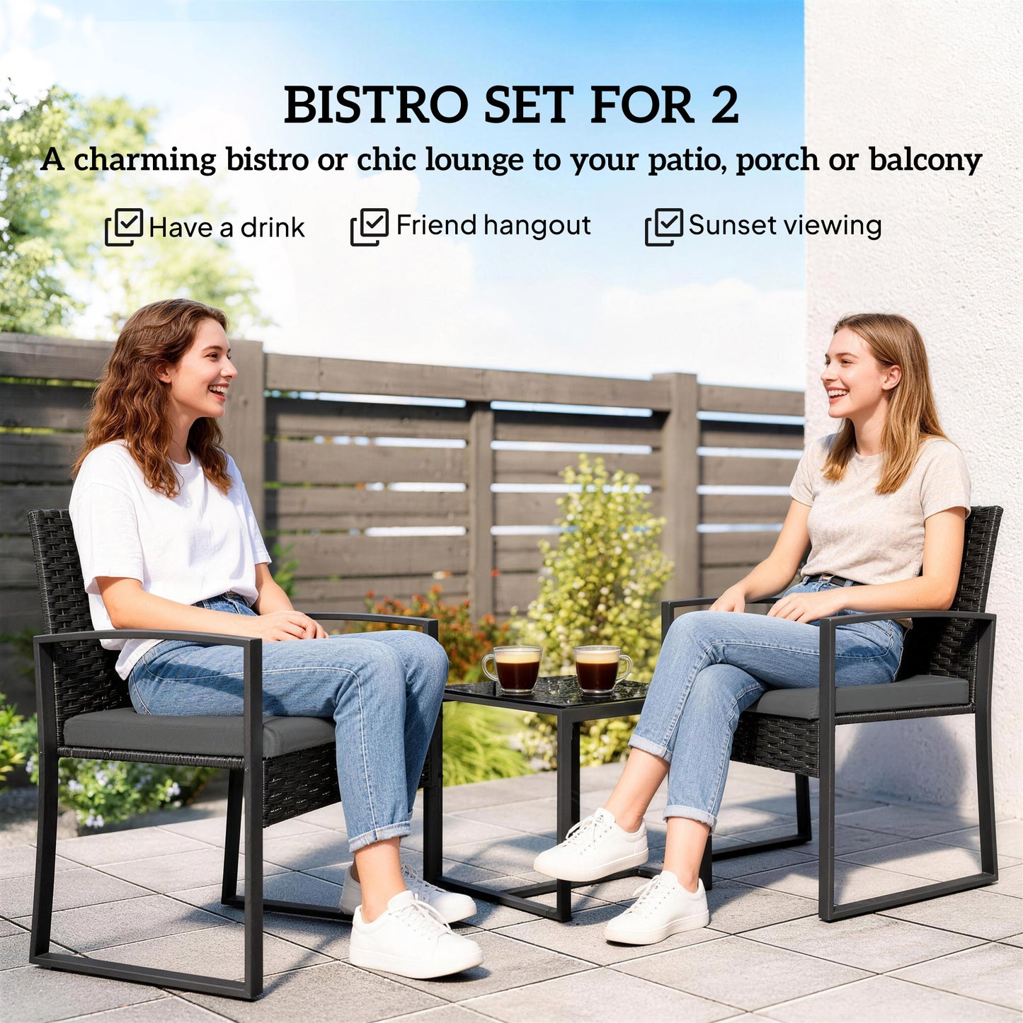 Rattan Bistro Set, 3 Piece Garden Furniture Set with Glass Top Table and Cushions, Dark Grey