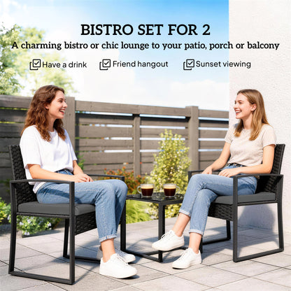 Rattan Bistro Set, 3 Piece Garden Furniture Set with Glass Top Table and Cushions, Dark Grey
