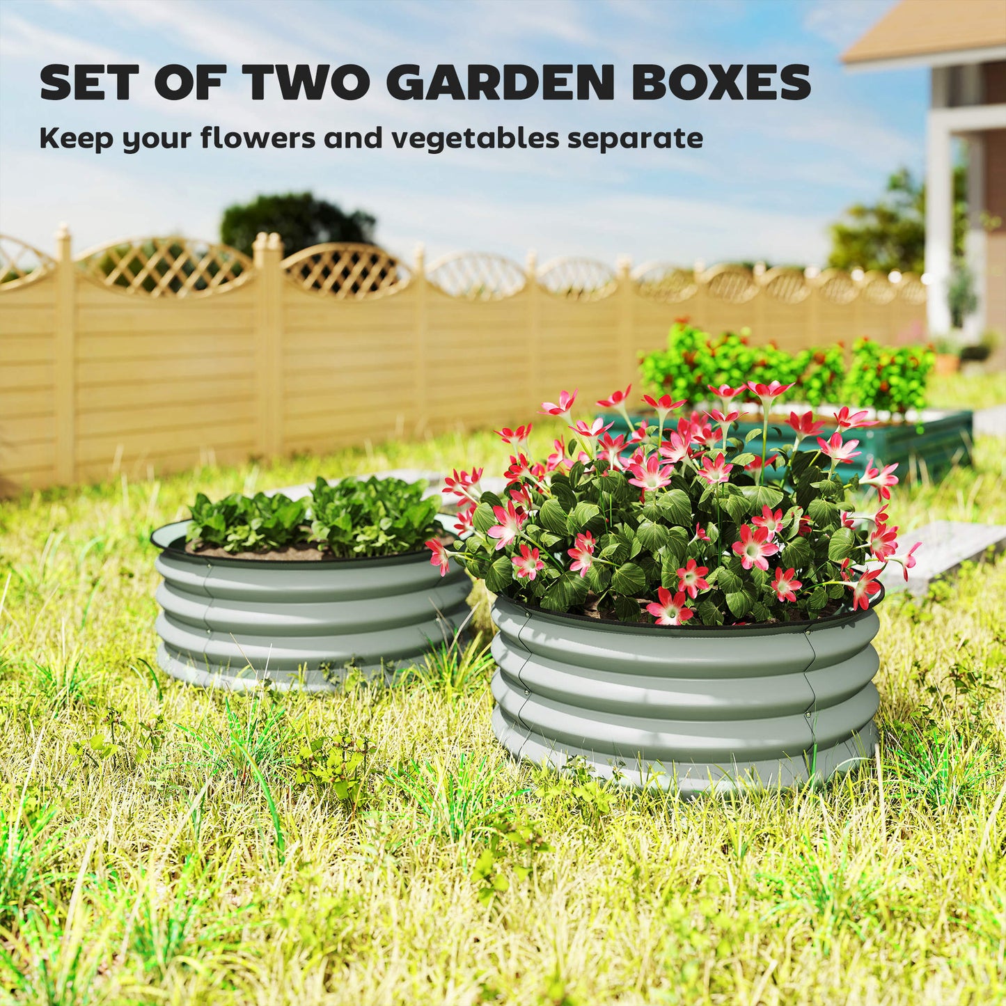 Set of 2 Raised Garden Bed, Metal Planter Box with Safety Edging, Easy-to-assemble Stock Tank, Green