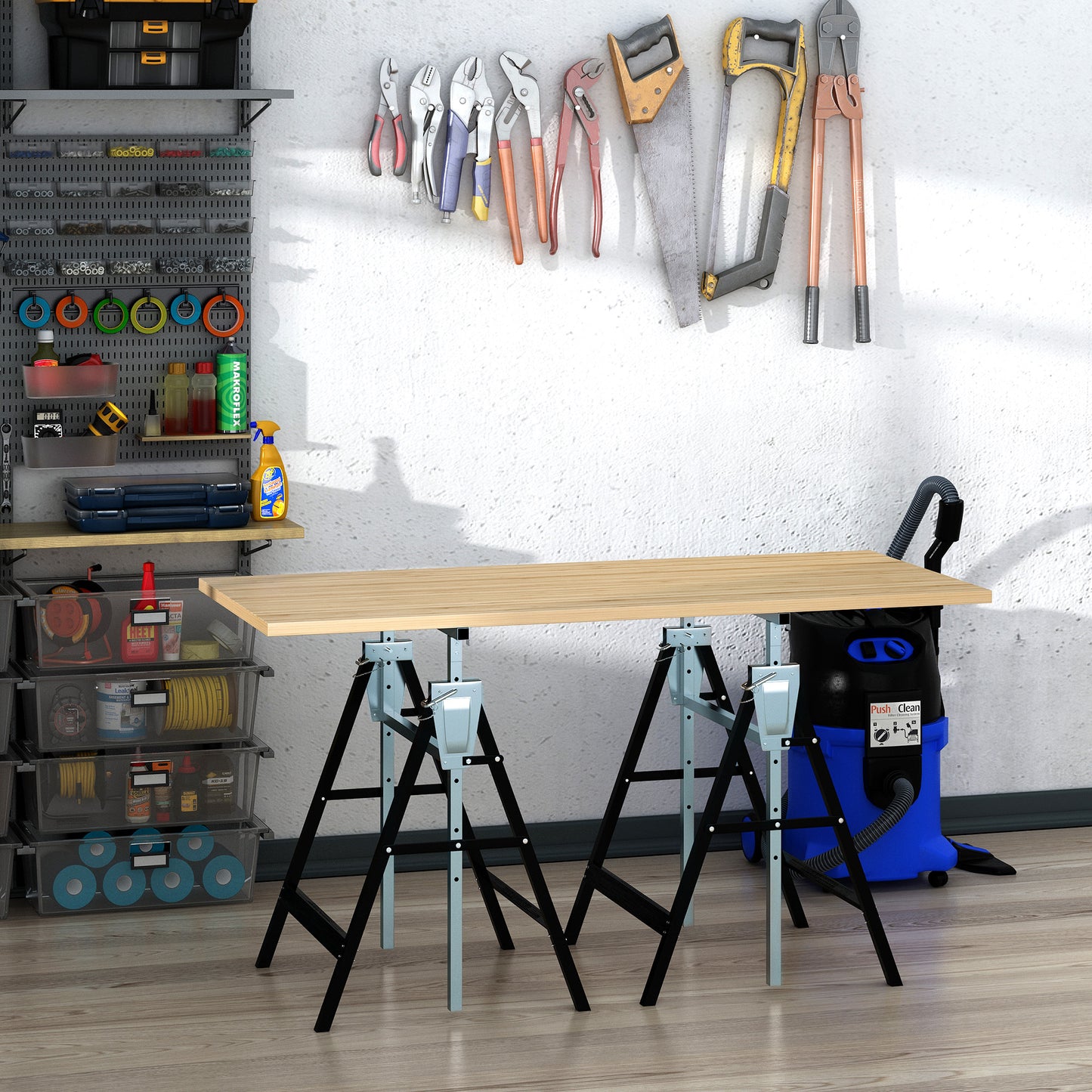 Set of 2 Adjustable Telescopic Builders Trestle, DIY Steel Work Bench Carpenter, Folding Saw Horse Tools Black
