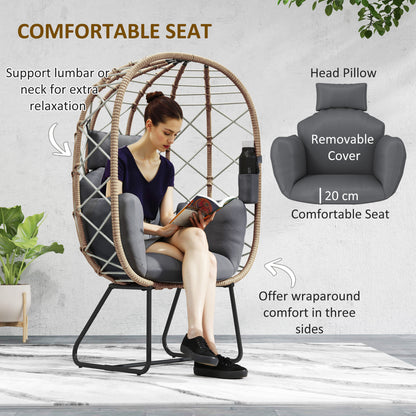 Rattan Egg Chair Outdoor Indoor Wicker Chair with Thickened Cushion and Headrest, Standing Garden Egg Chair with Cup Holder