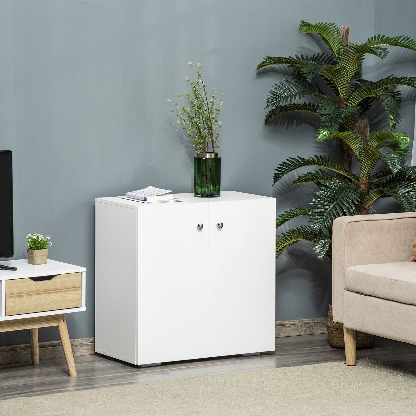 2 Tier Bookcase, Wooden Storage Cabinet with 2 Doors, Freestanding Sideboard for Living Room, Home Office and Study, White